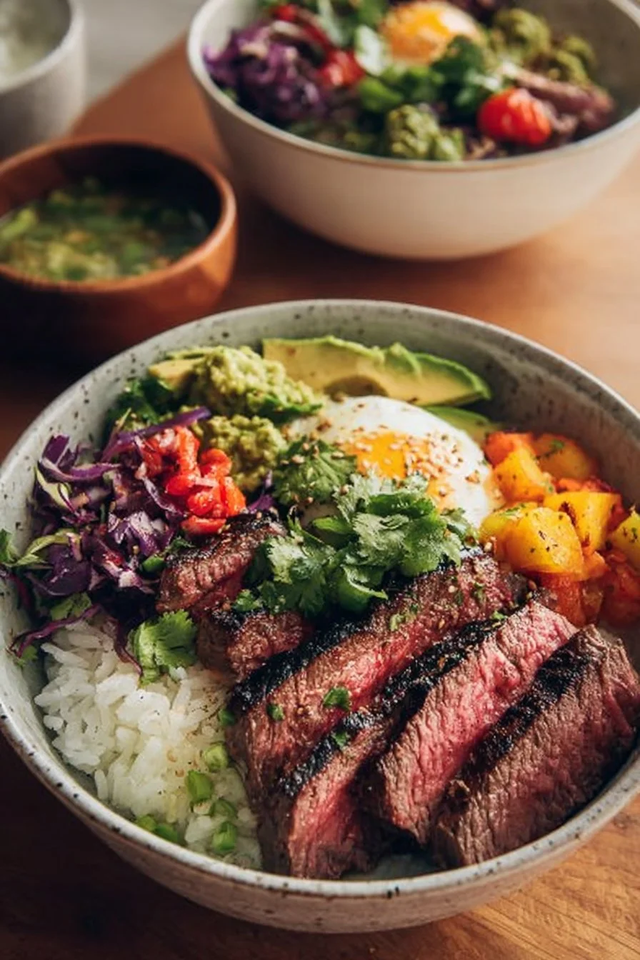 A vibrant steak bowl with grilled steak, fresh vegetables, and savory toppings.