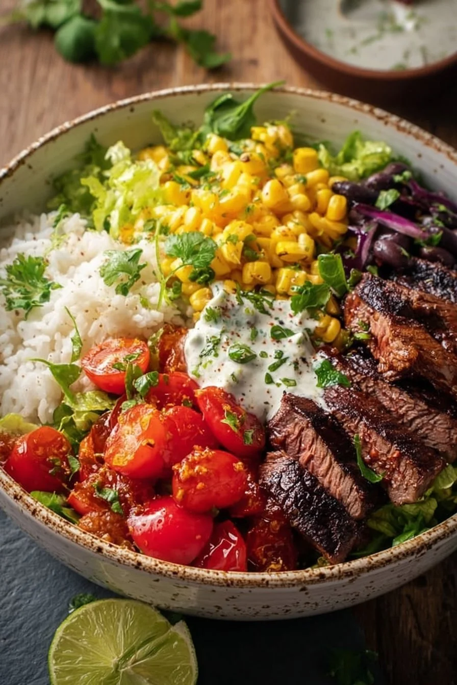 Steak Burrito Bowl with tender steak, fresh veggies, and flavorful toppings