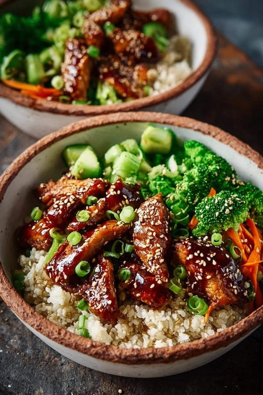 Delicious Sticky Chicken Bowls with vibrant vegetables and rice