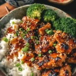 Delicious sticky chicken rice bowls topped with fresh herbs and vegetables