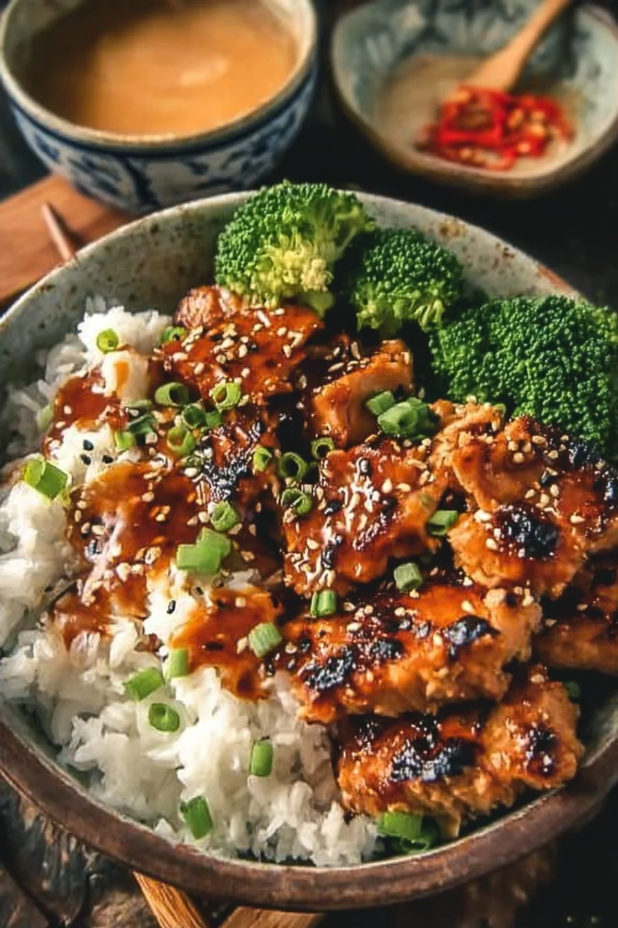 Delicious sticky chicken rice bowls topped with fresh herbs and vegetables