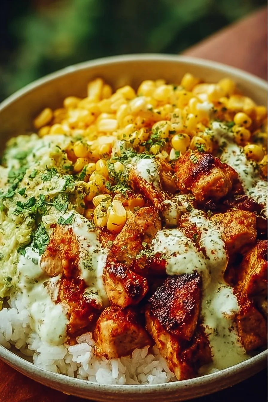 Street Corn Chicken Rice Bowl with grilled chicken, corn, and rice served in a bowl.