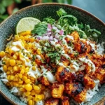 Delicious Street Corn Chicken Rice Bowl garnished with fresh ingredients.