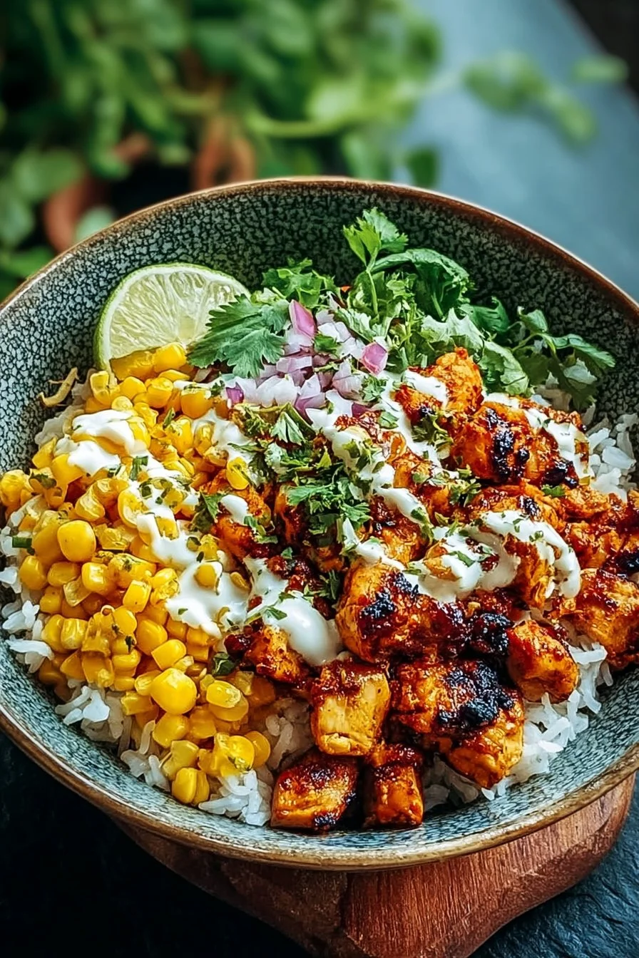 Delicious Street Corn Chicken Rice Bowl garnished with fresh ingredients.