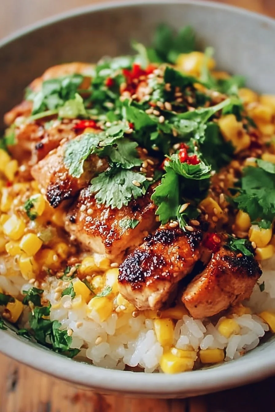 Delicious street corn chicken rice bowls with vibrant flavors and fresh ingredients.