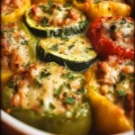 Colorful stuffed peppers filled with rice, vegetables, and spices on a plate