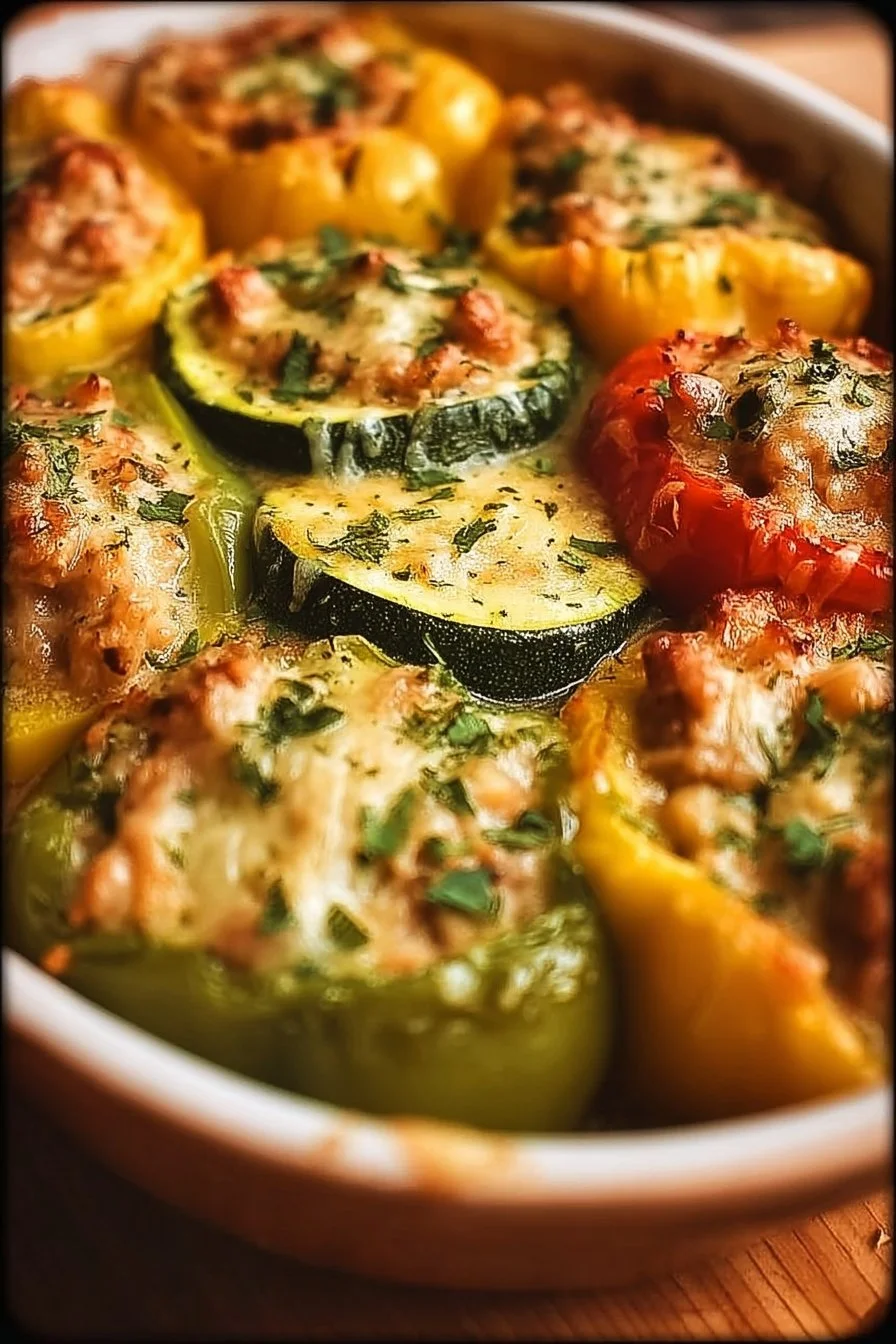 Colorful stuffed peppers filled with rice, vegetables, and spices on a plate