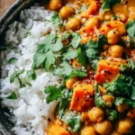 Bowl of sweet potato chickpea curry garnished with fresh herbs