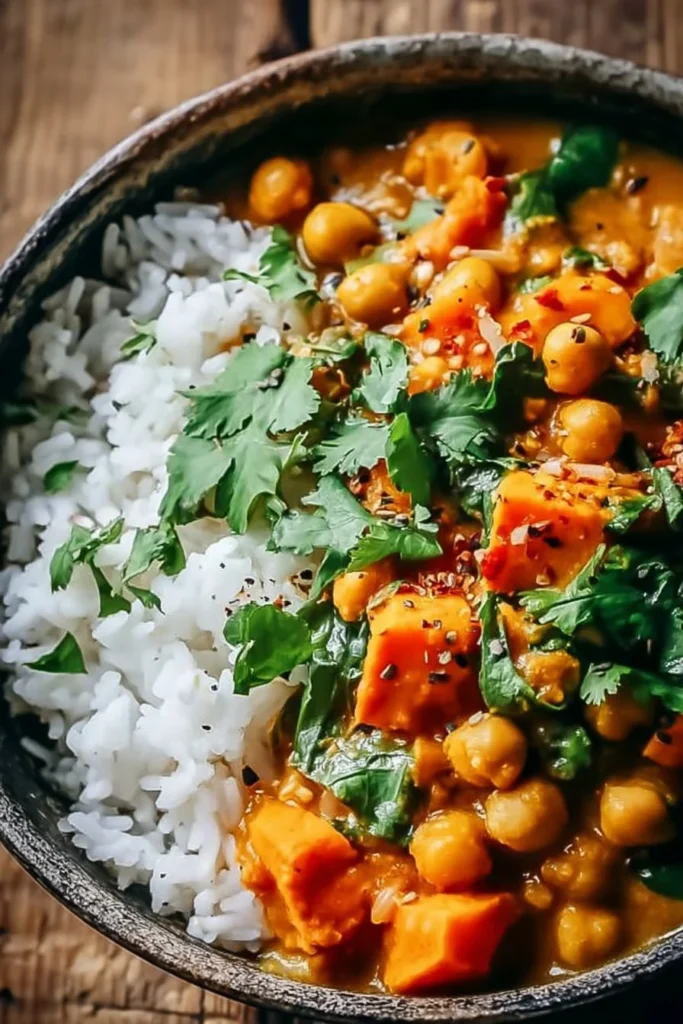 Bowl of sweet potato chickpea curry garnished with fresh herbs