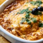 Delicious Taco Chicken Dip served in a bowl, garnished with cilantro and tortilla chips.
