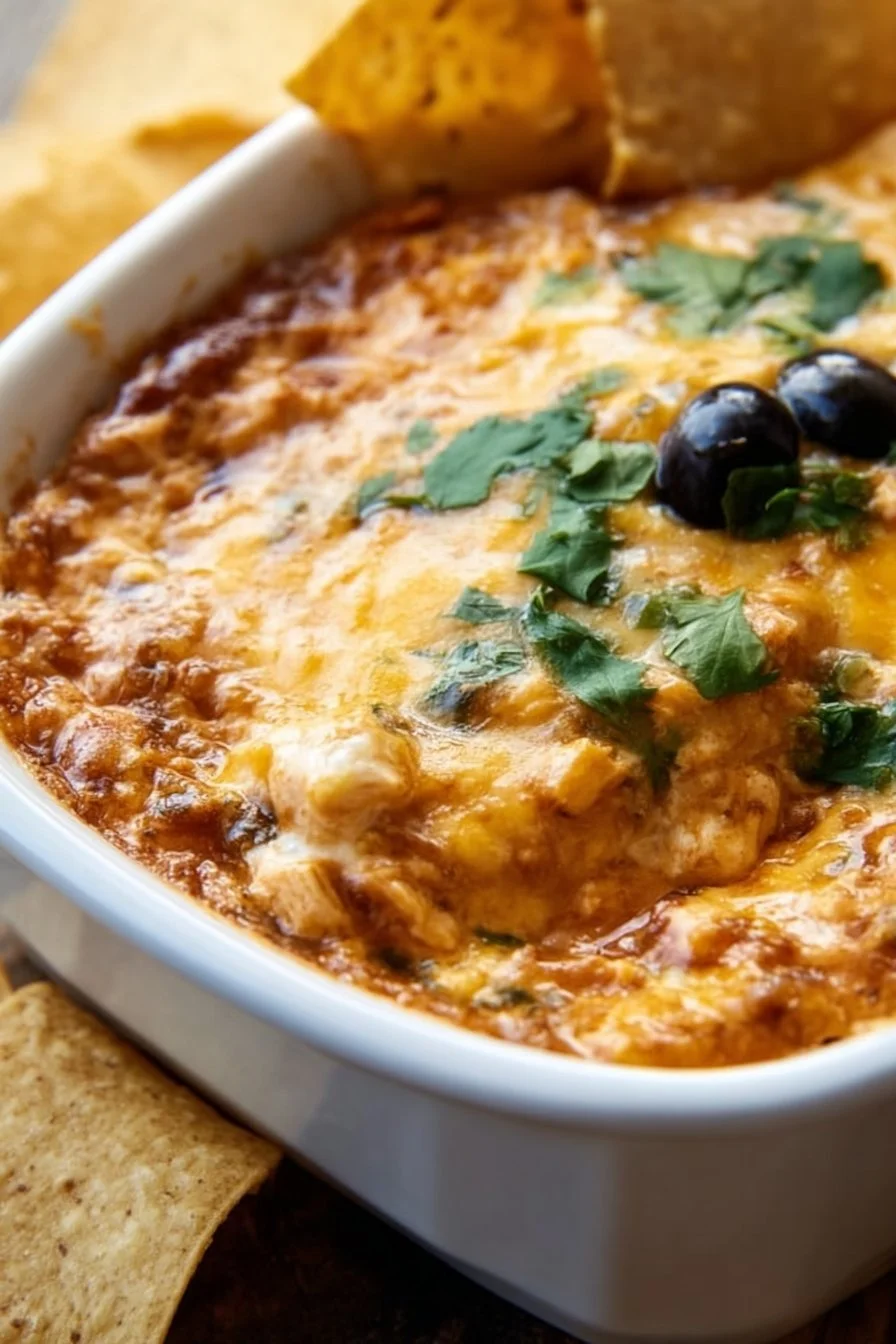 Delicious Taco Chicken Dip served in a bowl, garnished with cilantro and tortilla chips.