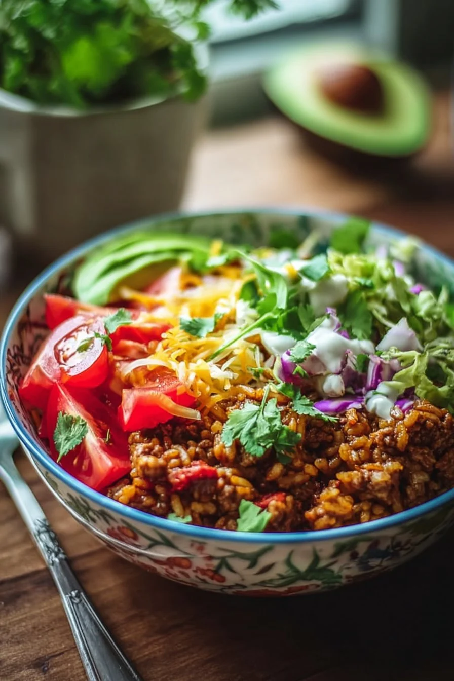 Delicious Taco-Inspired Rice Bowl with vibrant toppings and spices