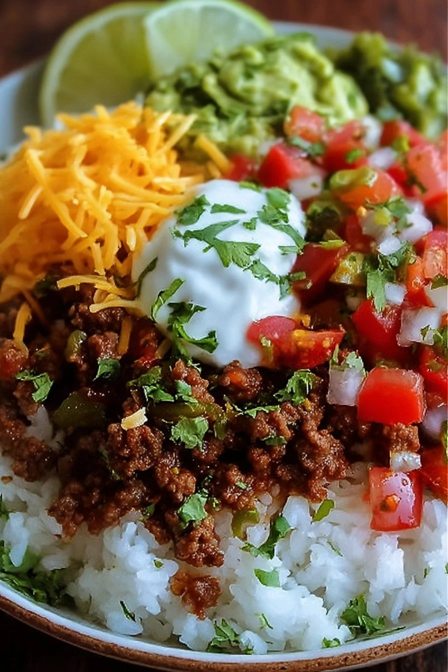 Delicious Taco Rice Bowl topped with fresh ingredients and savory spices