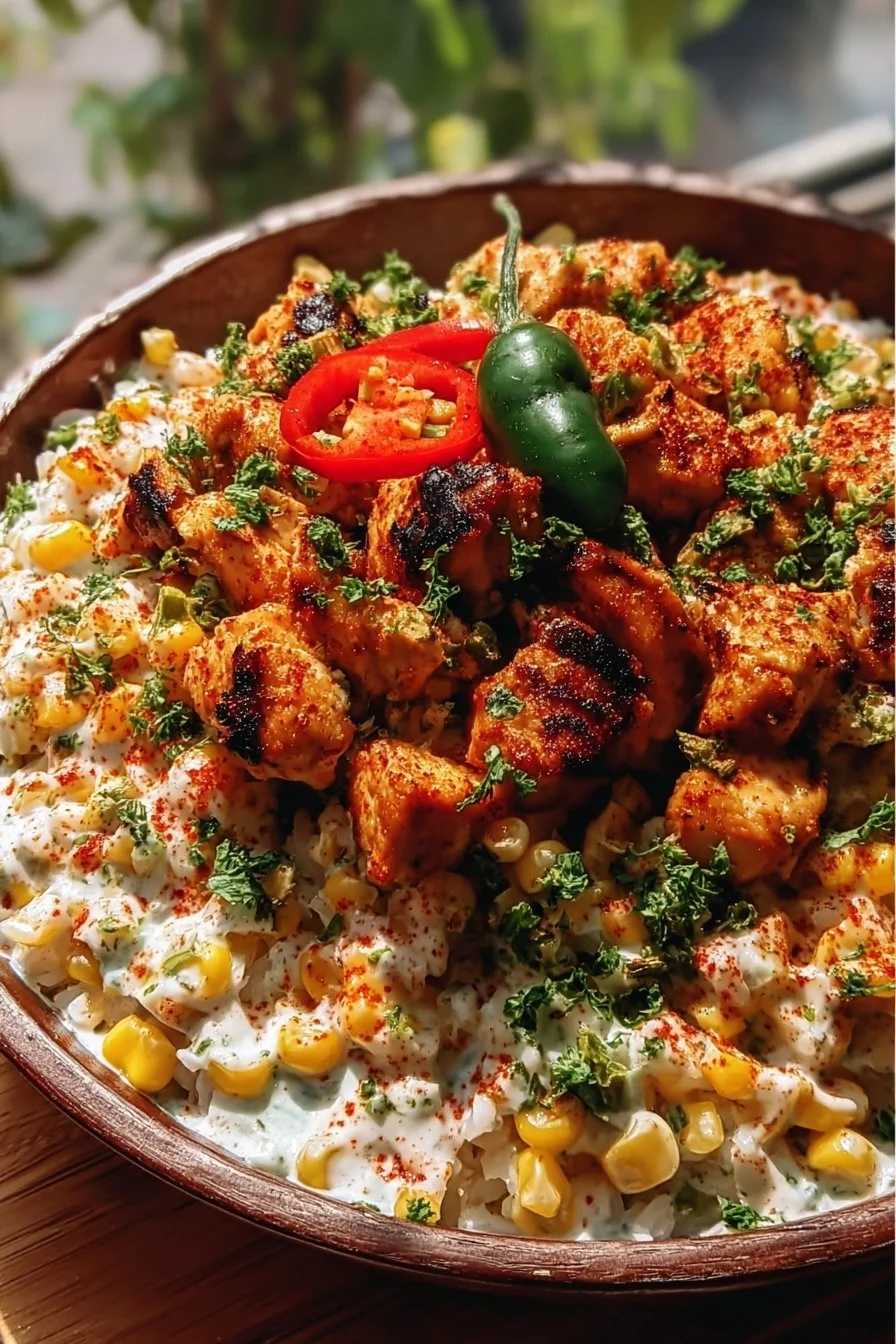 Delicious street corn chicken bowl topped with fresh ingredients and spices.