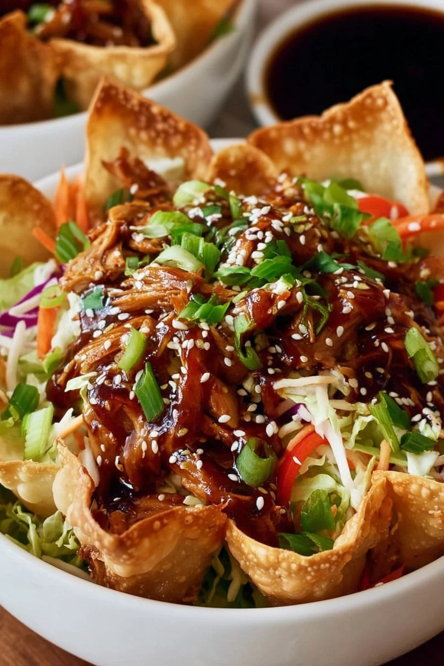 Teriyaki chicken wonton taco bowls topped with fresh vegetables and sauces