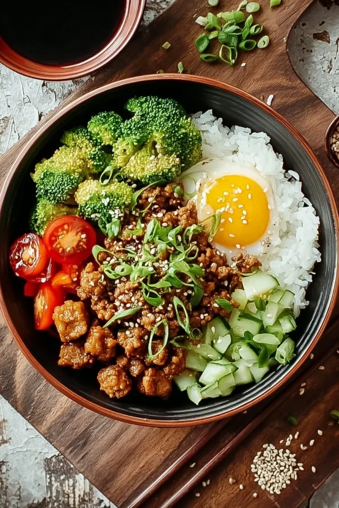 Delicious Teriyaki Ground Turkey Bowl with fresh vegetables and rice.
