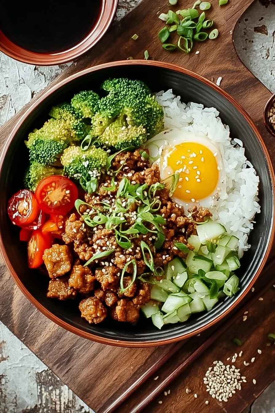 Delicious Teriyaki Ground Turkey Bowl with fresh vegetables and rice.