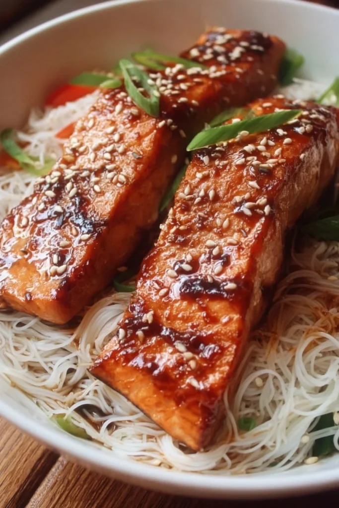 Delicious teriyaki salmon with rice noodles on a plate