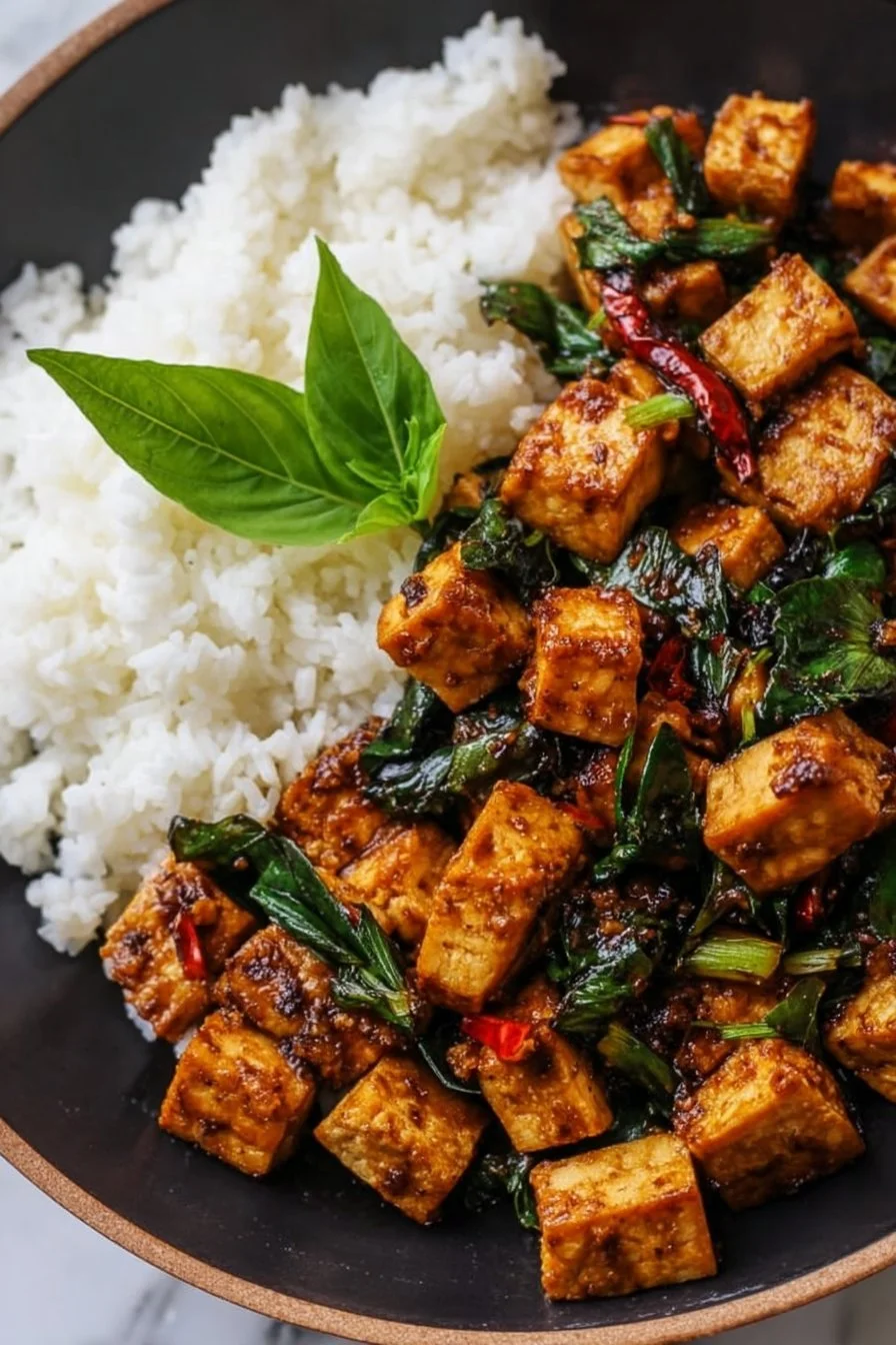 Stir-fried Thai Basil Tofu with colorful vegetables