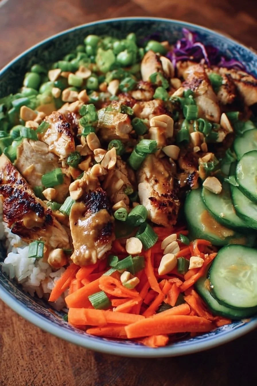 Thai-inspired peanut chicken bowl with colorful vegetables and sauce