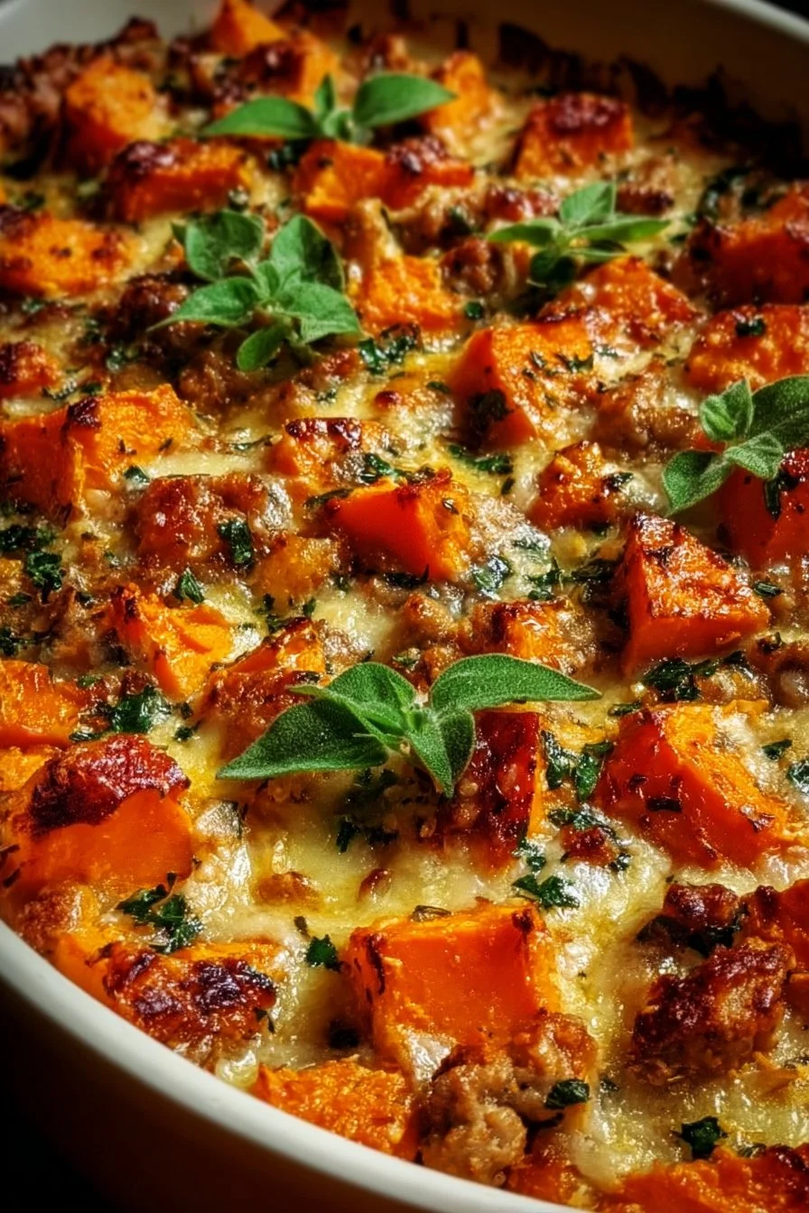 Delicious Turkey Sweet Potato Bake served in a casserole dish