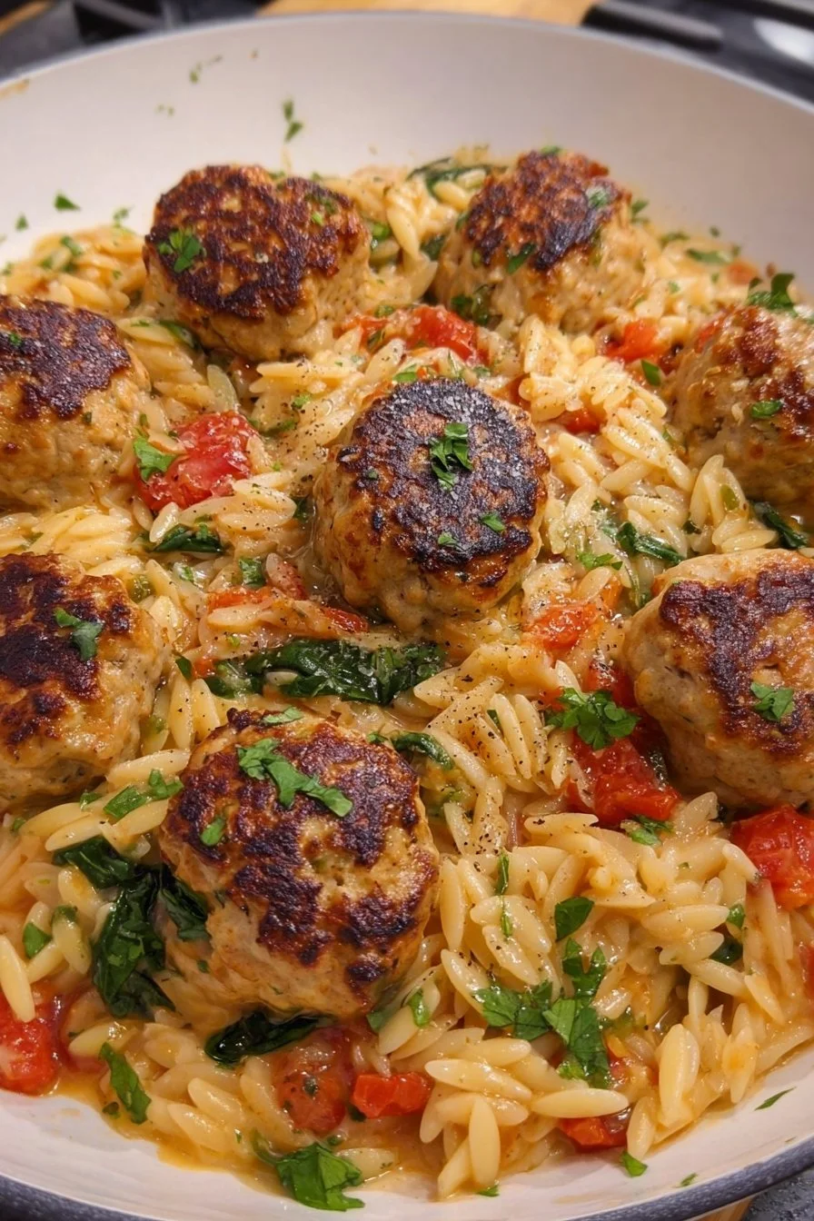 A plate of Tuscan chicken meatballs served with orzo and fresh herbs.
