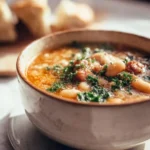 Bowl of flavorful Tuscan White Bean Soup garnished with herbs