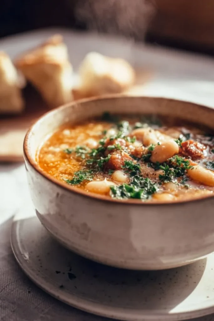 Bowl of flavorful Tuscan White Bean Soup garnished with herbs