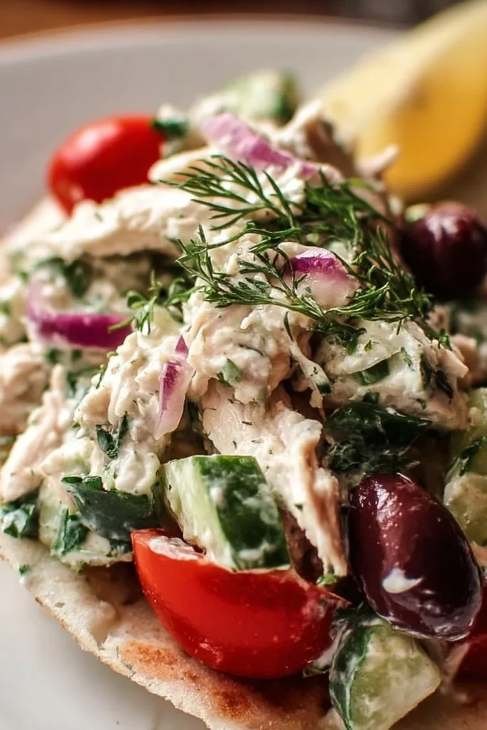 Delicious Tzatziki Chicken Salad with fresh vegetables and Greek yogurt dressing