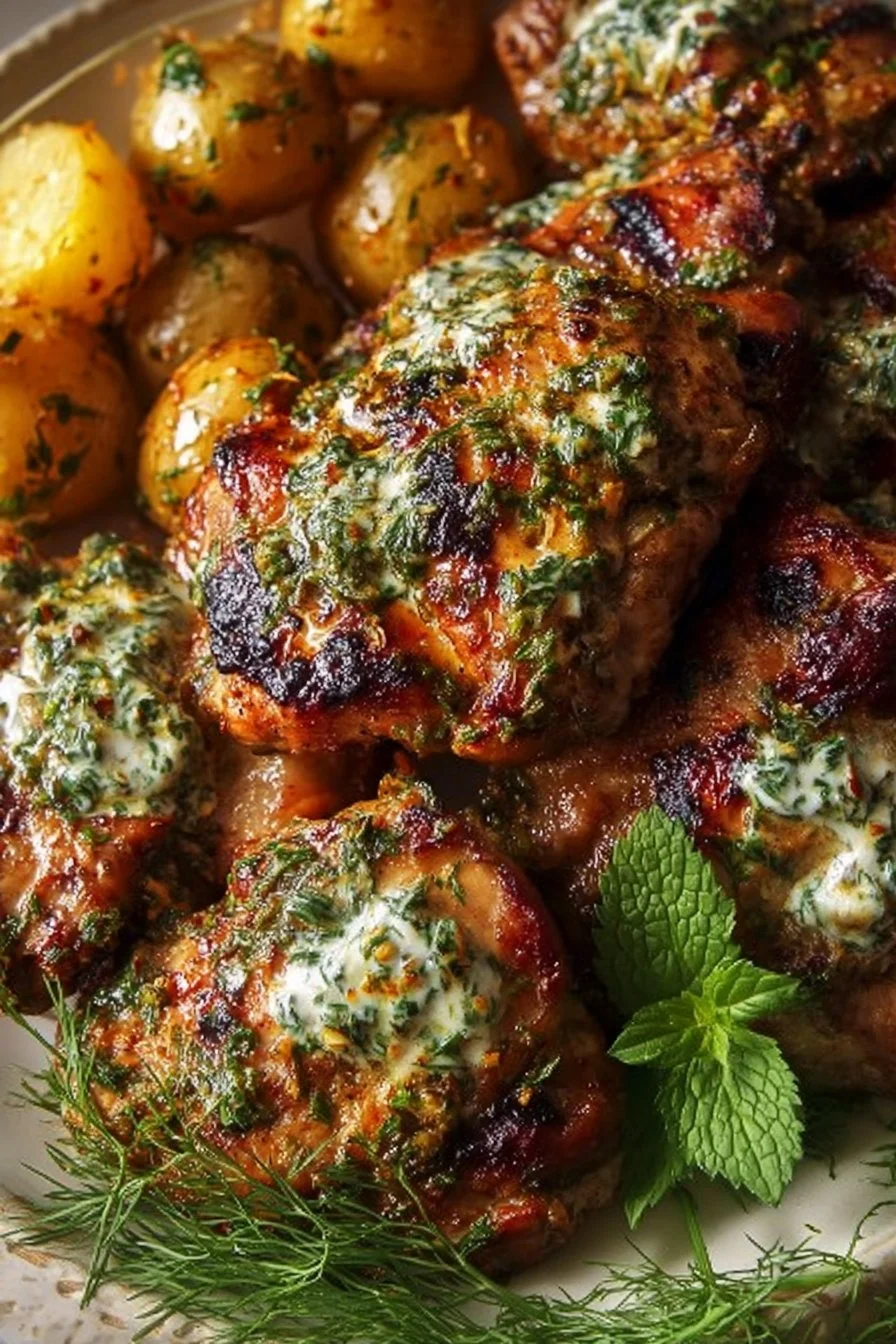 Delicious yogurt marinated chicken thighs ready to be served